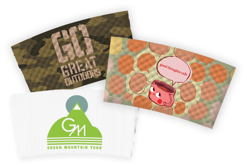 Three custom printed coffee cup sleeves