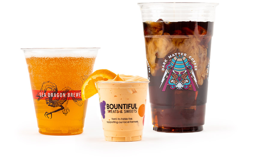 Three custom printed plastic cups