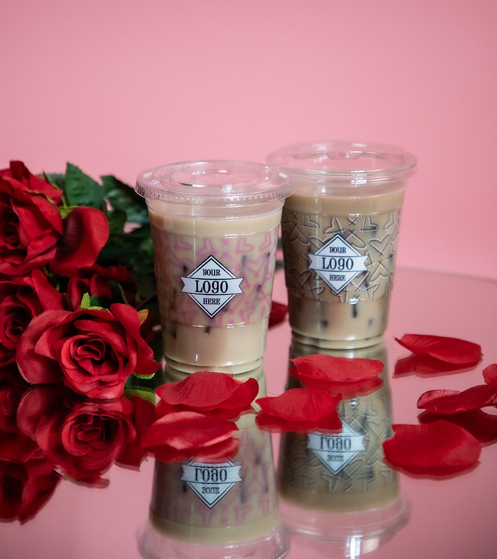 IMG_0950 Valentine's Day themed cups on a mirror with rose petals and pink backdrop.