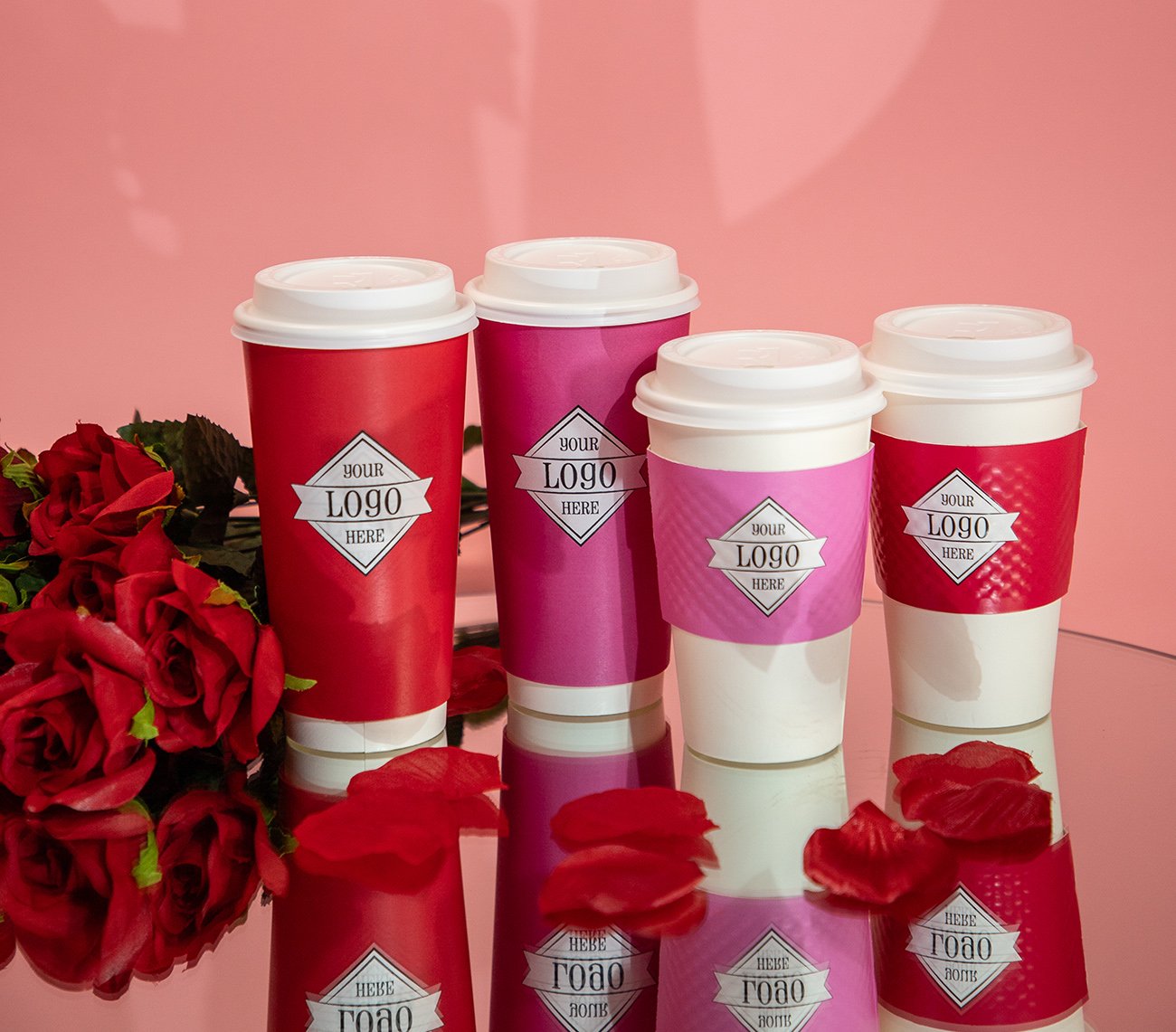 IMG_0987 Valentine's Day themed cups on a mirror with rose petals and pink backdrop.