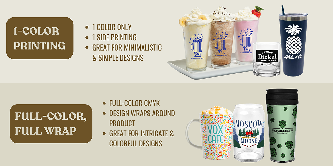 Reusable drinkware printing options: 1 color printing and full color, full wrap.