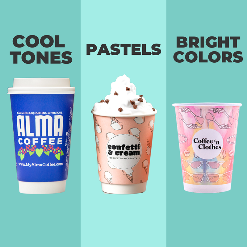 A graphic displaying three different custom printed coffee cups and the words, 