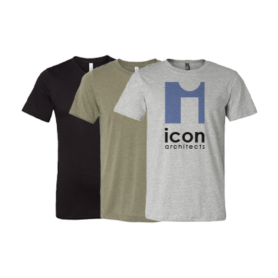 Three shirts of gray, green, and black lined up to display a custom logo on the front.